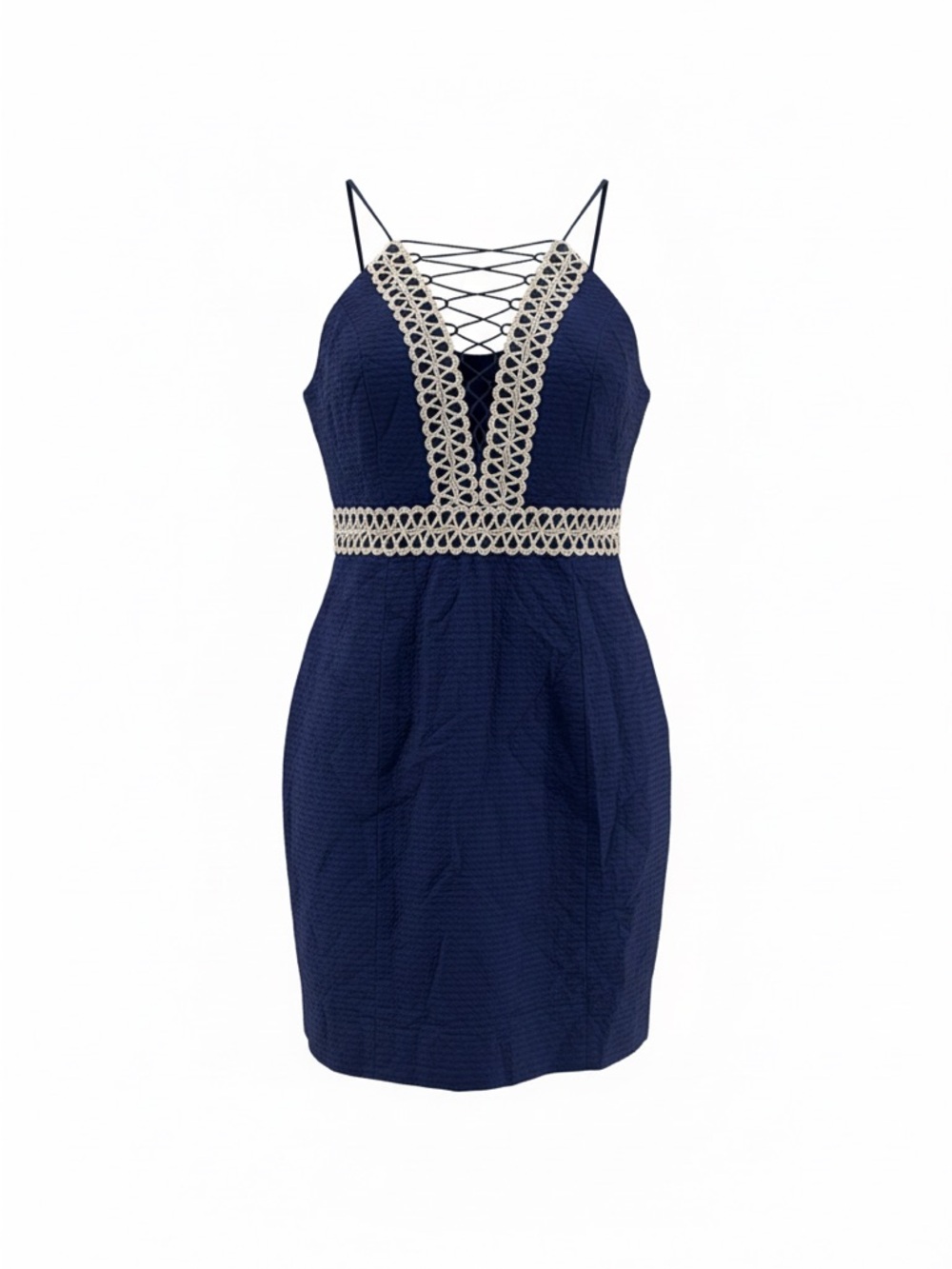 Lilly Pulitzer Trista Navy Gold Lace Up Shift Dress Resort Vacation Mini US 2 - Picture 2 of 16